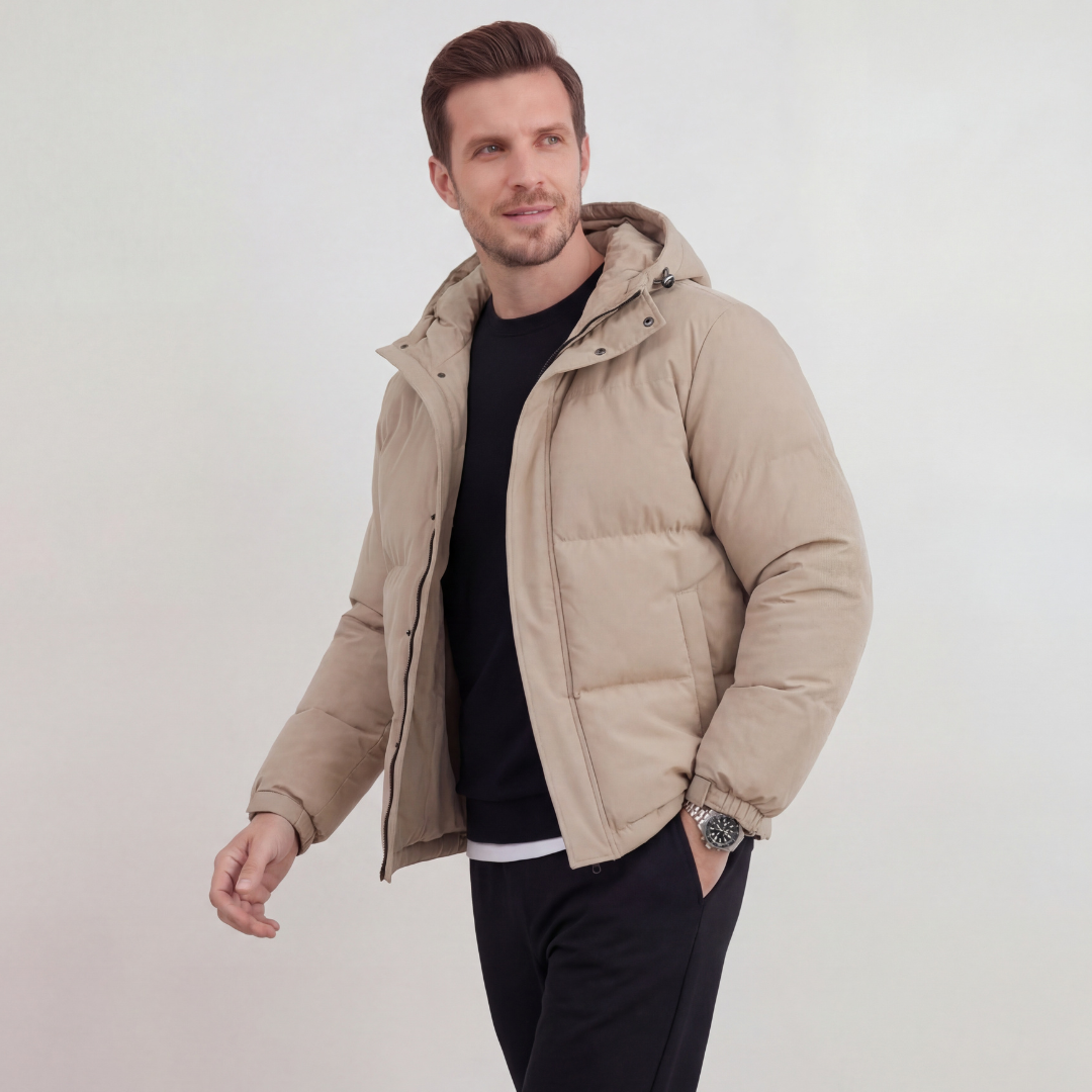 Beige Kapuzenpufferjacke