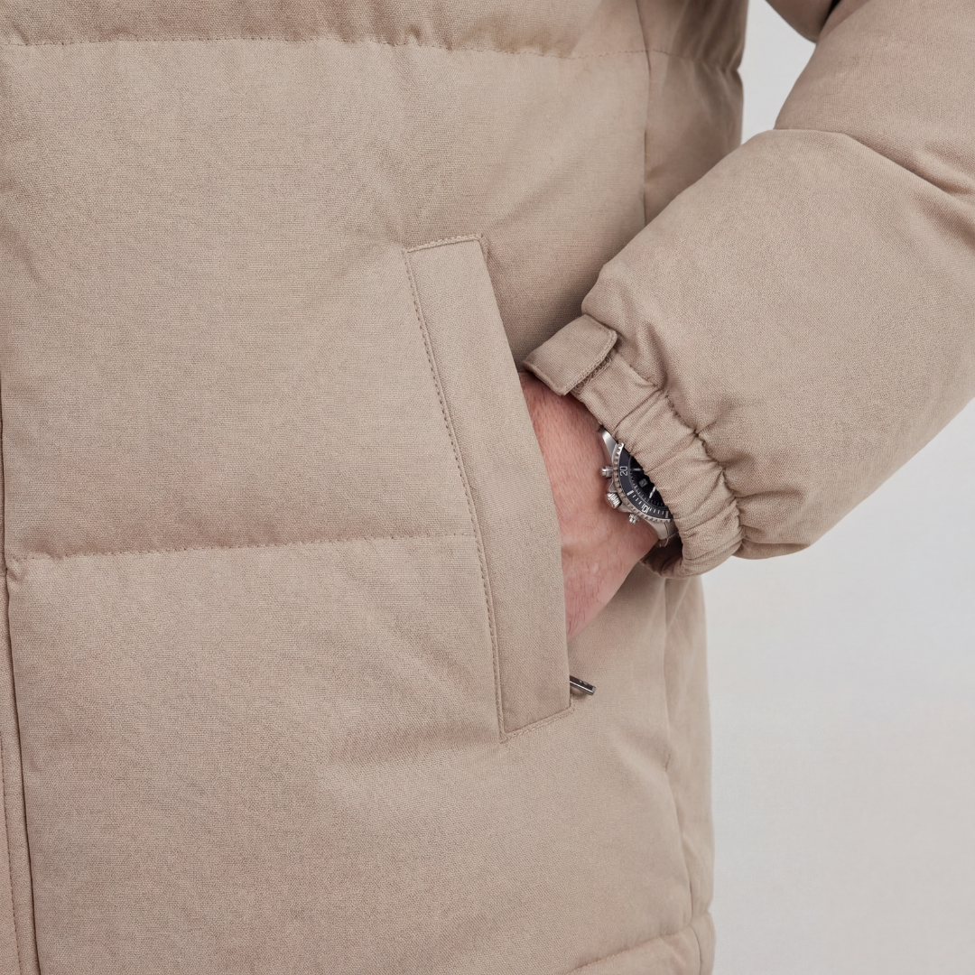 Beige Kapuzenpufferjacke