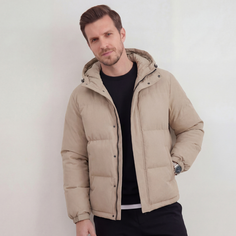 Beige Kapuzenpufferjacke