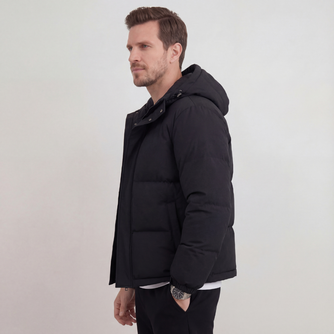 Schwarze Kapuzen Pufferjacke