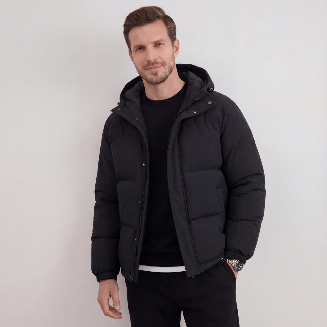 Schwarze Kapuzen Pufferjacke