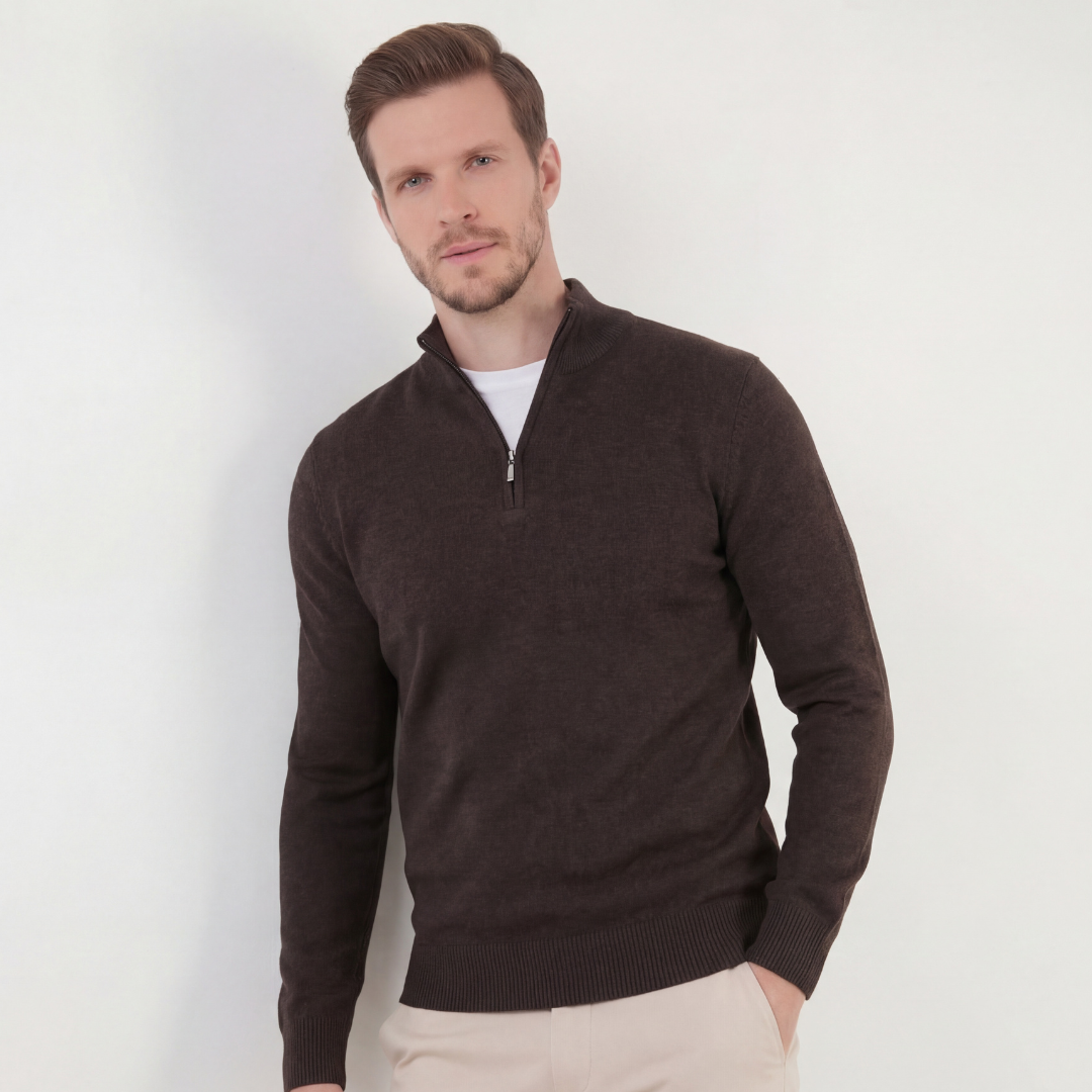 Brauner Halb-Reißverschluss-Pullover