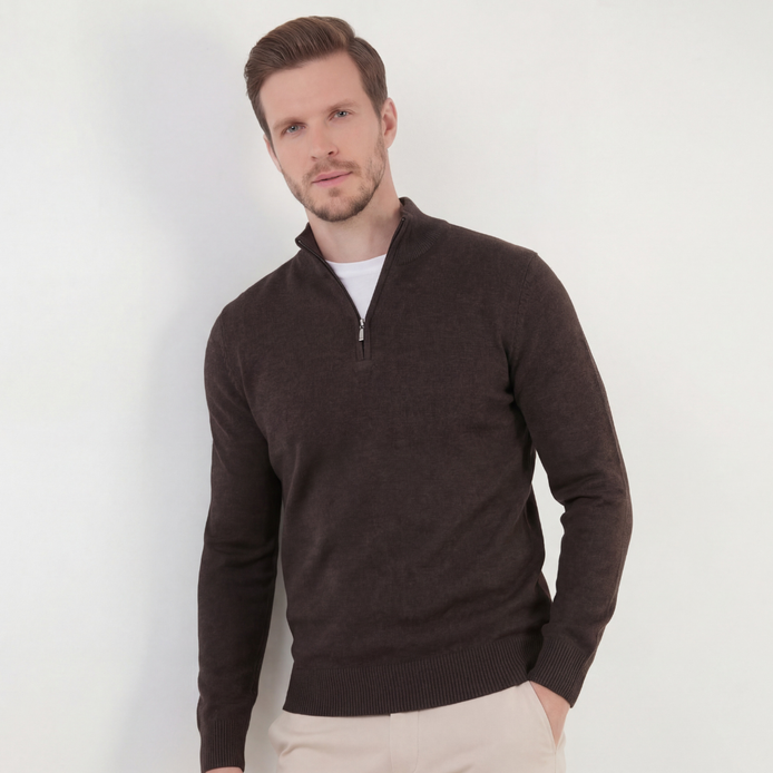 Brauner Halb-Reißverschluss-Pullover