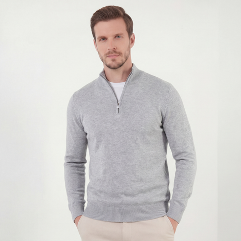 Grau Mélange Halbreißverschluss Pullover