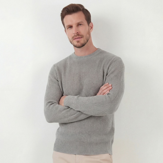 Grau Mélange Rippenstrickpullover