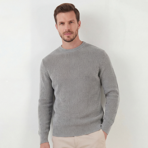 Grau Mélange Rippenstrickpullover
