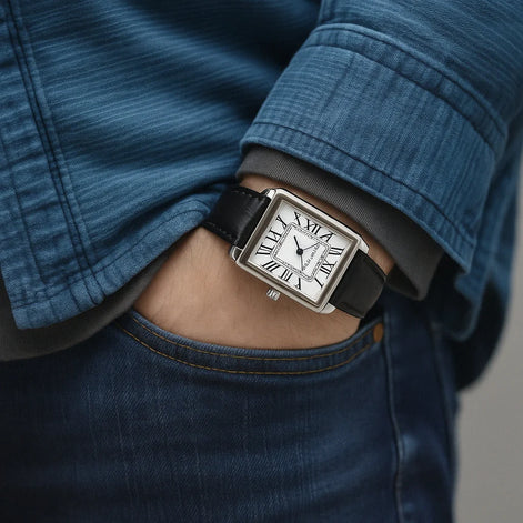 Herren Analoguhr Mit Rechteckigem Zifferblatt Und Lederarmband