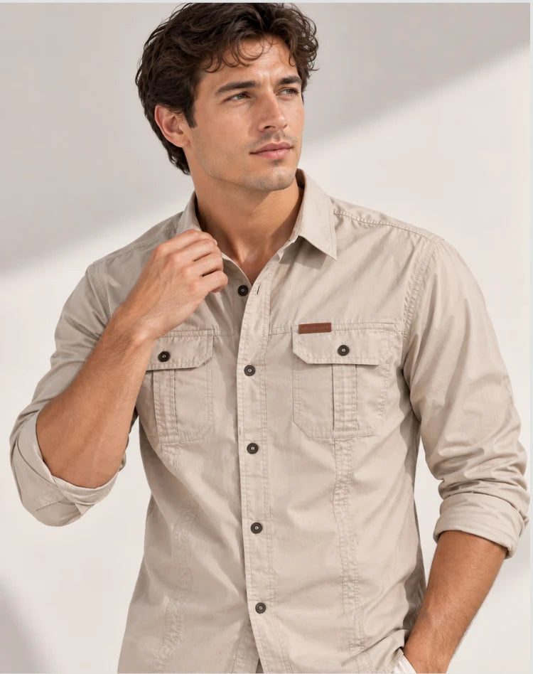 Herren Cargo-Overshirt Langarm Outdoor Hemd mit Taschen