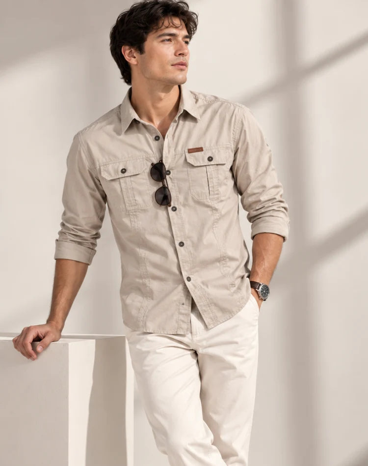 Herren Cargo-Overshirt Langarm Outdoor Hemd mit Taschen