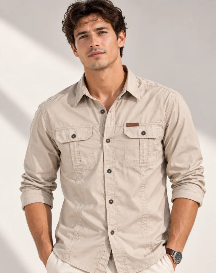 Herren Cargo-Overshirt Langarm Outdoor Hemd mit Taschen