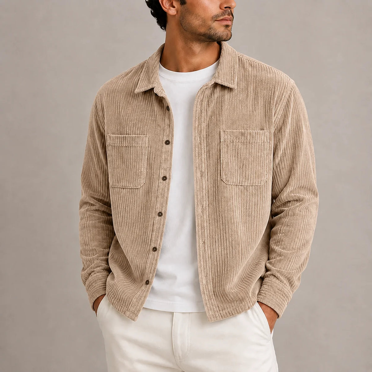 Herren Cord-Overshirt Jacke Langärmlig mit Knopfleiste