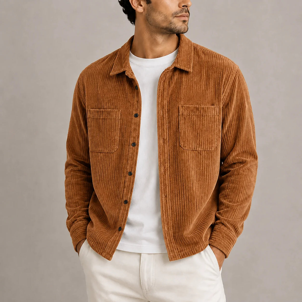Herren Cord-Overshirt Jacke Langärmlig mit Knopfleiste