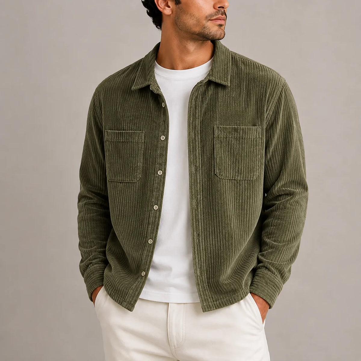 Herren Cord-Overshirt Jacke Langärmlig mit Knopfleiste