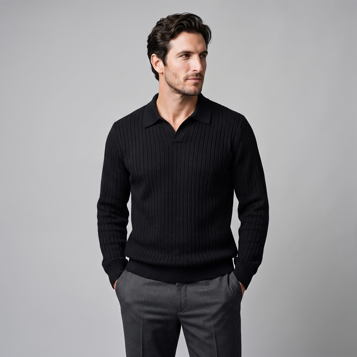 Herren Gerippter Strickpullover mit Polokragen