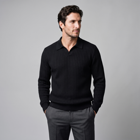 Herren Gerippter Strickpullover mit Polokragen