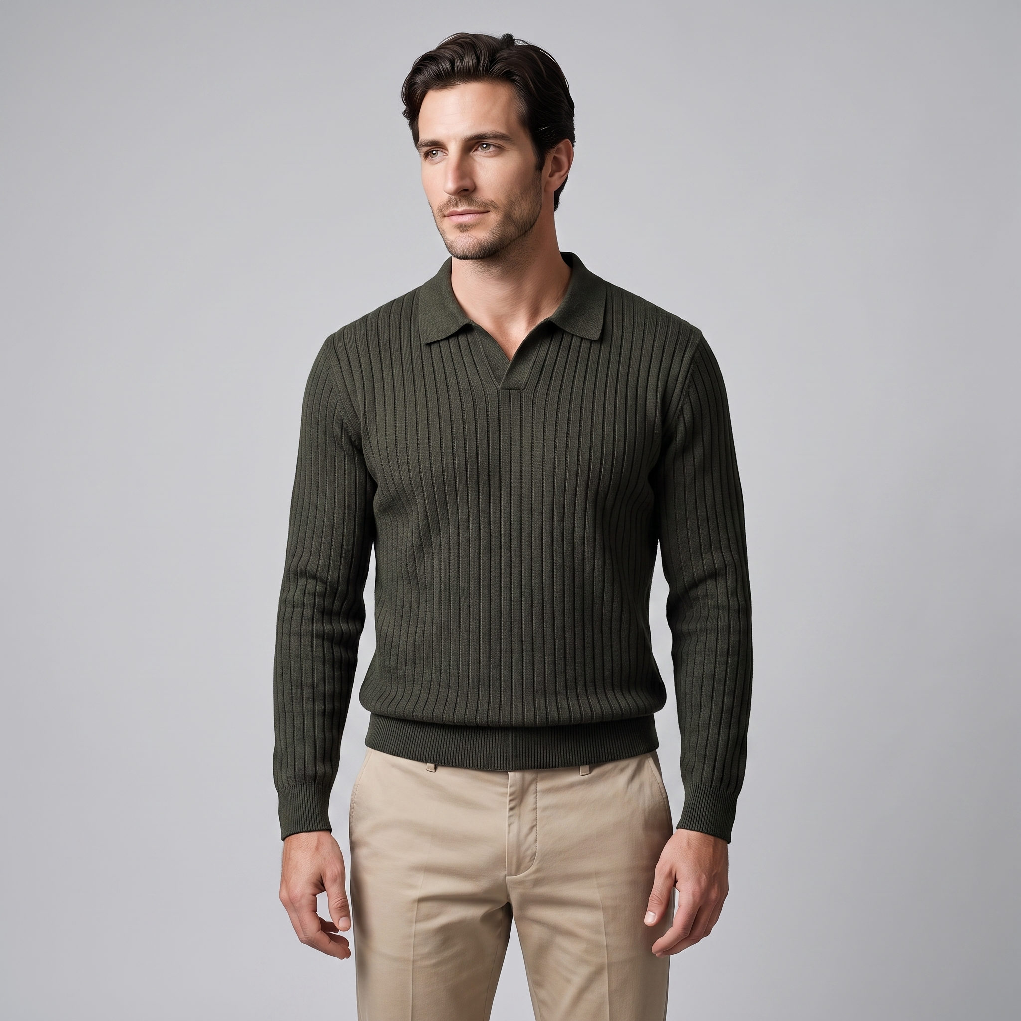 Herren Gerippter Strickpullover mit Polokragen