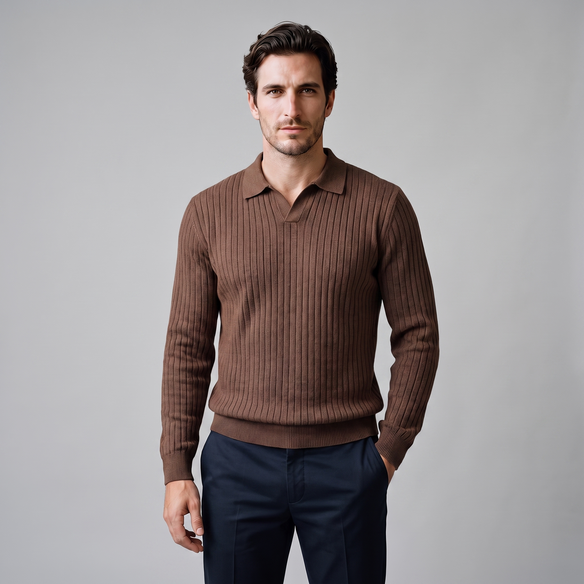 Herren Gerippter Strickpullover mit Polokragen