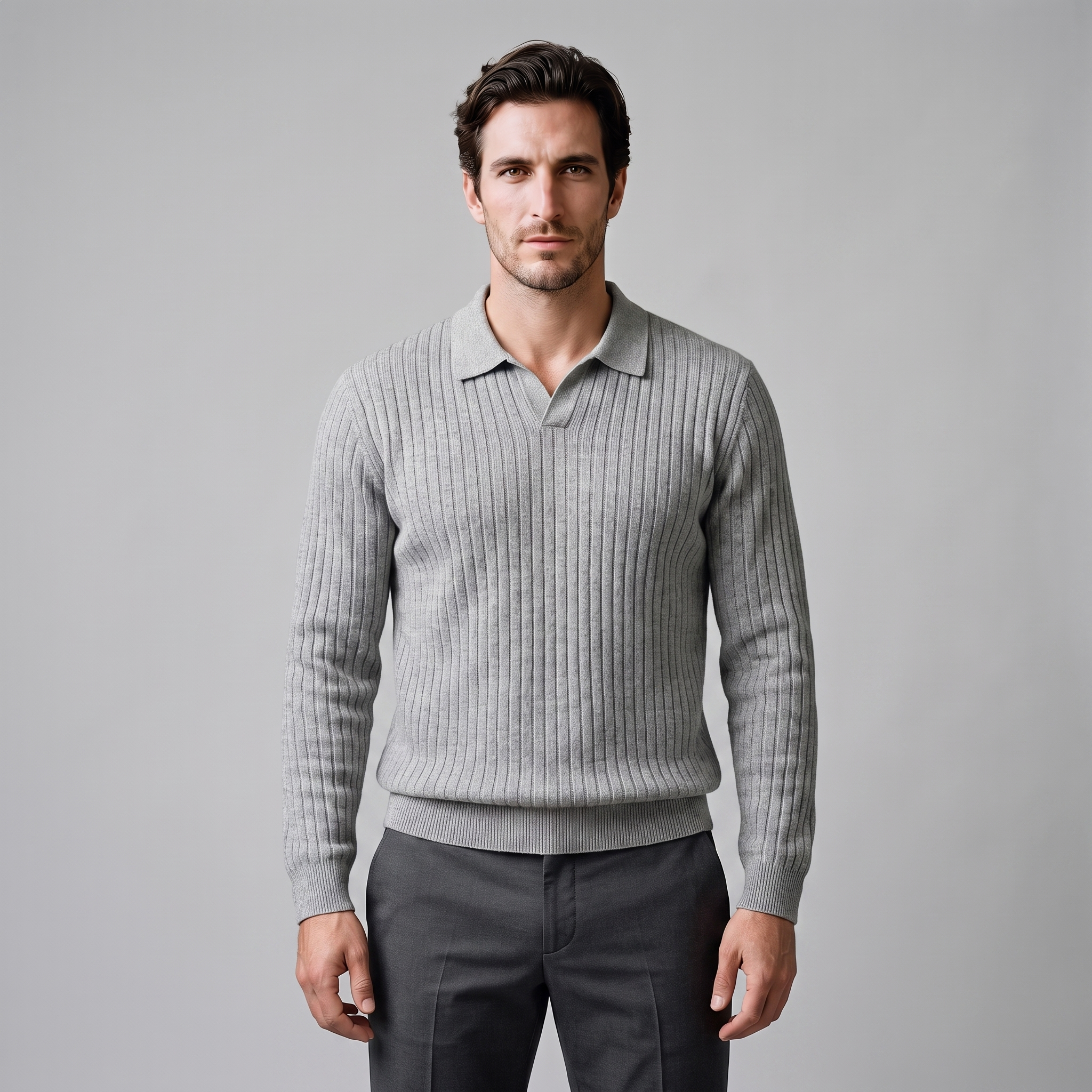 Herren Gerippter Strickpullover mit Polokragen