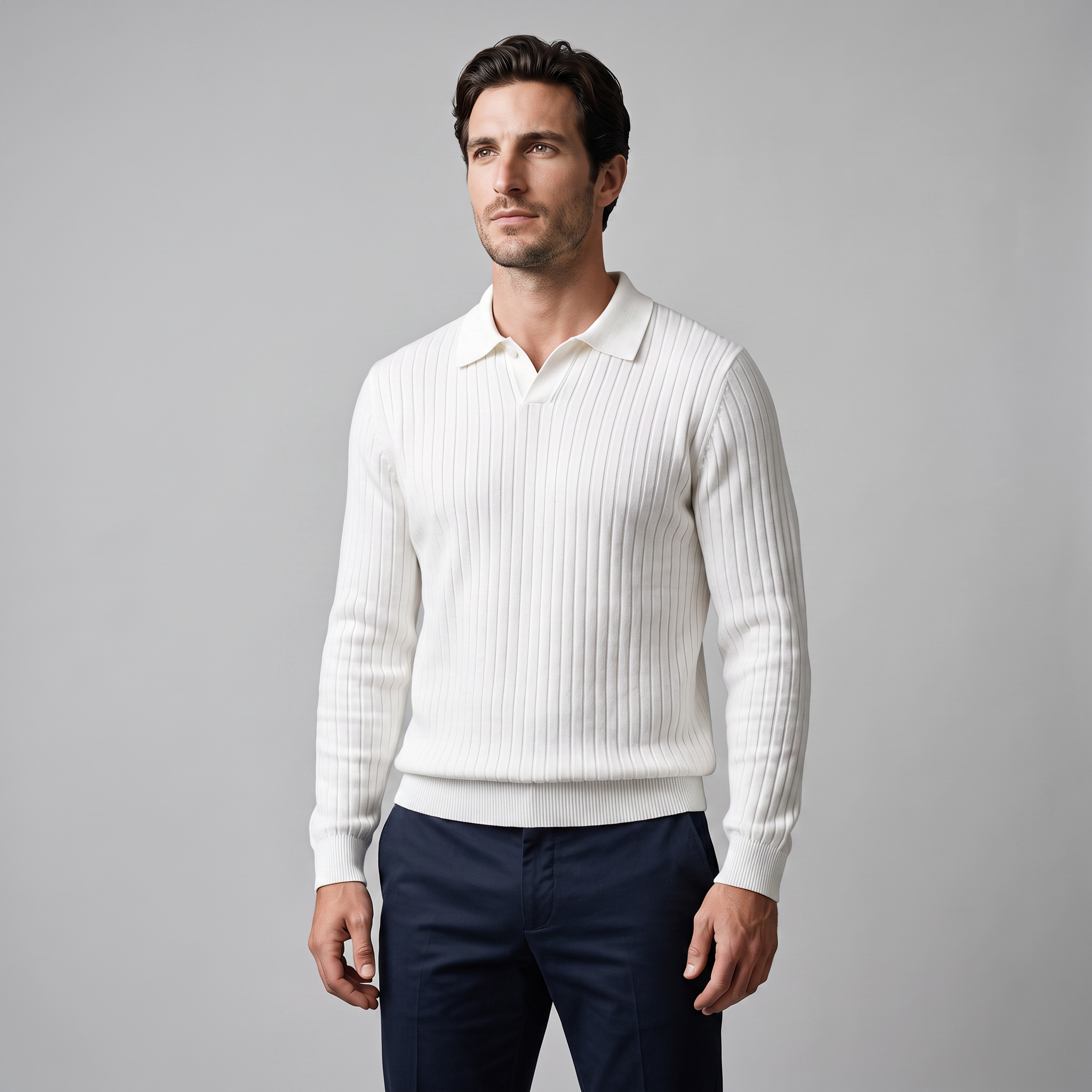 Herren Gerippter Strickpullover mit Polokragen