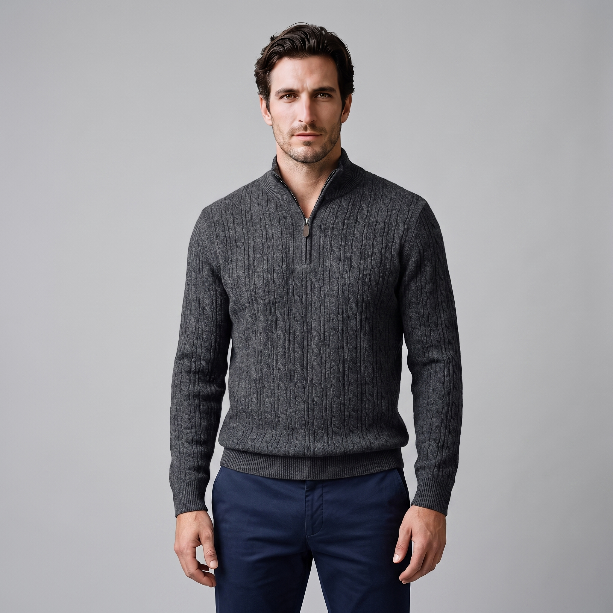 Herren Half-Zip Pullover mit Zopfmuster