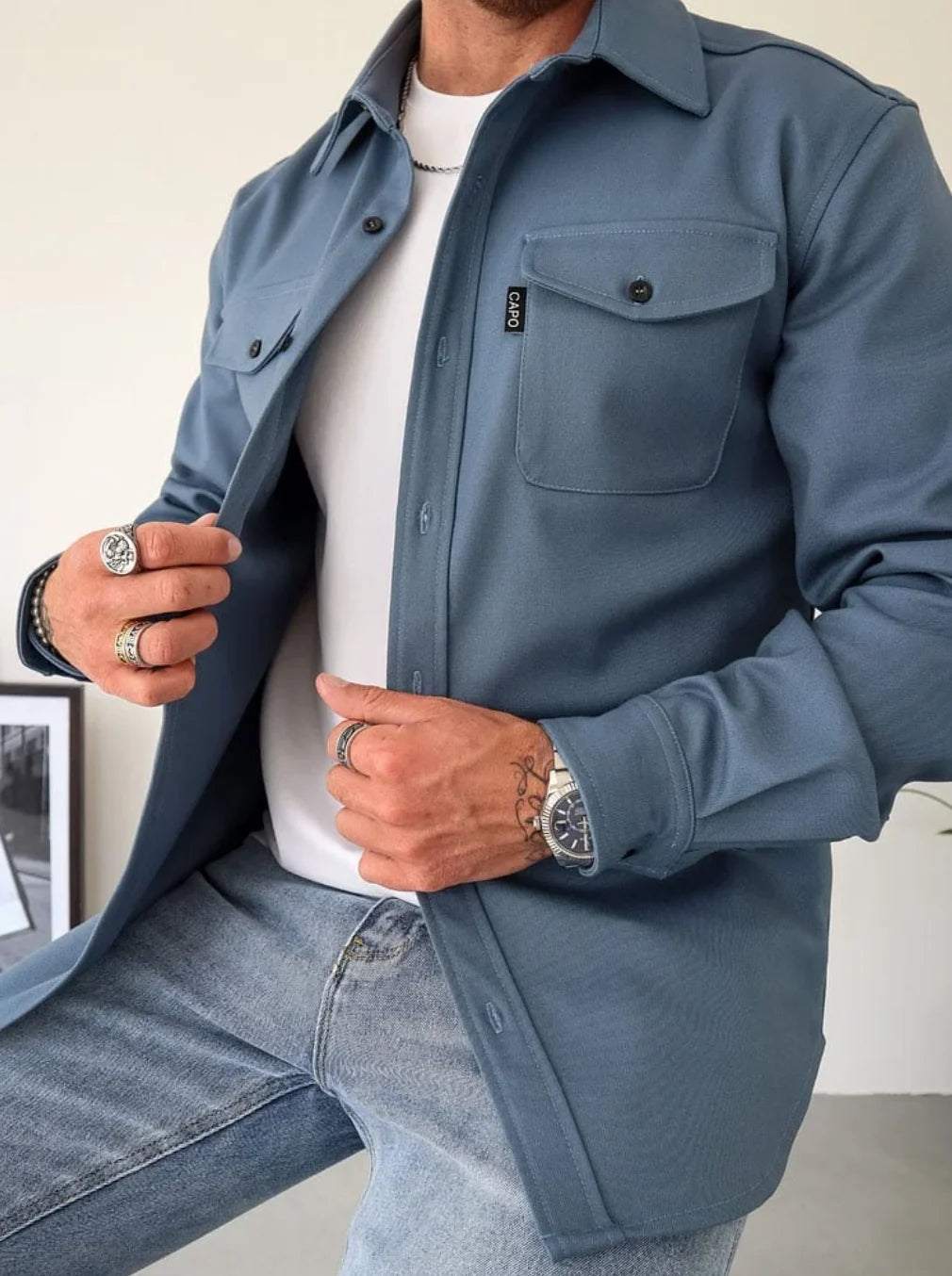 Herren Hemdjacke mit Knopfleiste und Brusttaschen