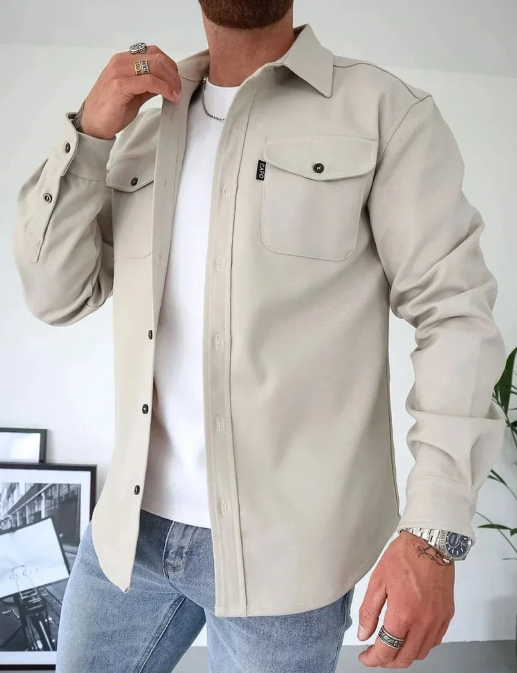 Herren Hemdjacke mit Knopfleiste und Brusttaschen