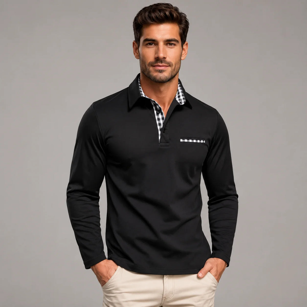 Herren Langarm Polohemd Klassisch Elegant