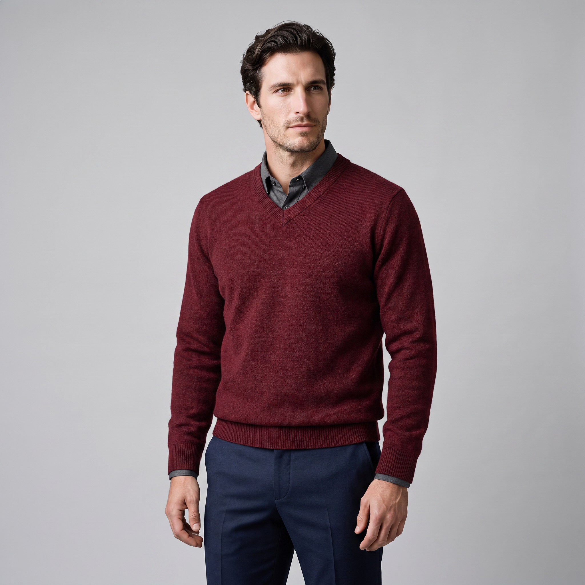 Herren Lässiger Langarm-Pullover mit V-Ausschnitt