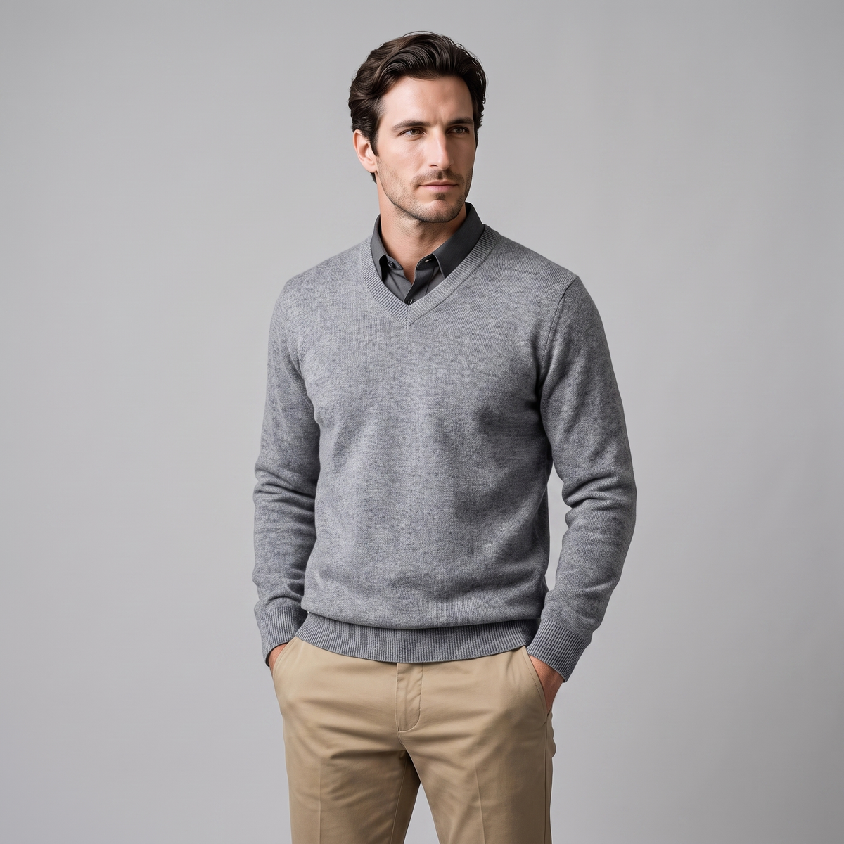 Herren Lässiger Langarm-Pullover mit V-Ausschnitt