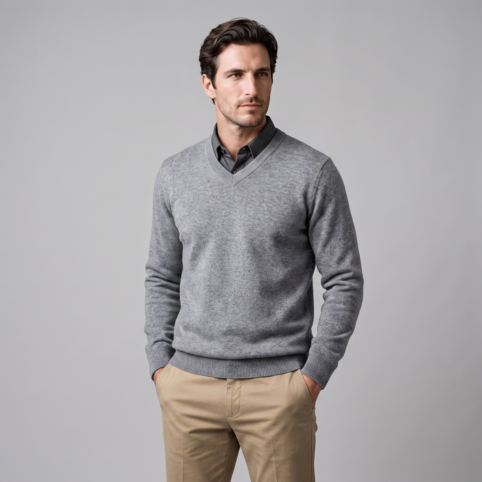 Herren Lässiger Langarm-Pullover mit V-Ausschnitt