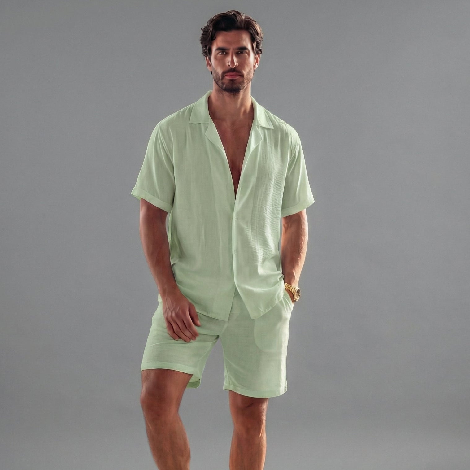 Herren Leinen Sommer-Set Mit Kurzärmeln