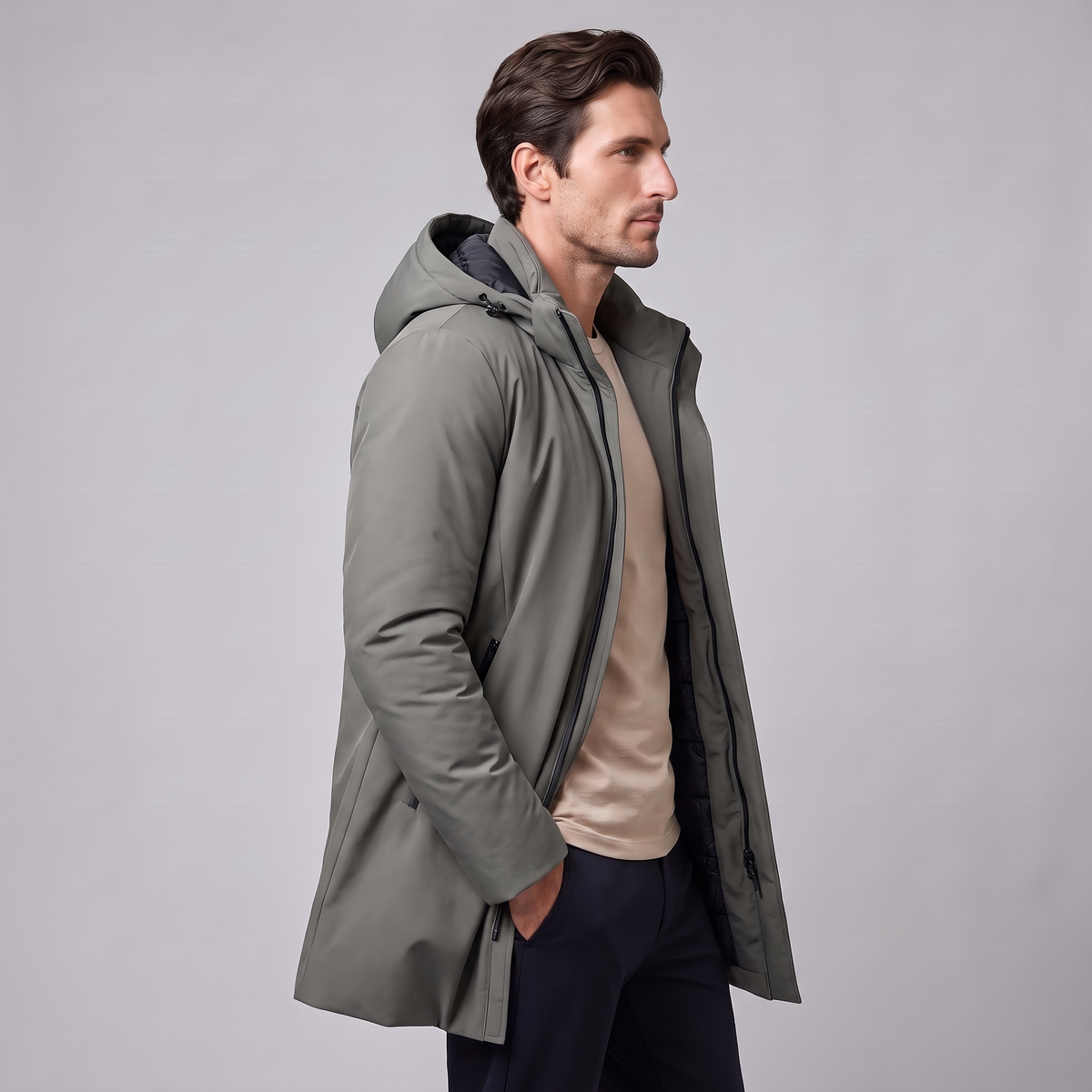 Herren Longline-Jacke mit Kapuze und Steppung