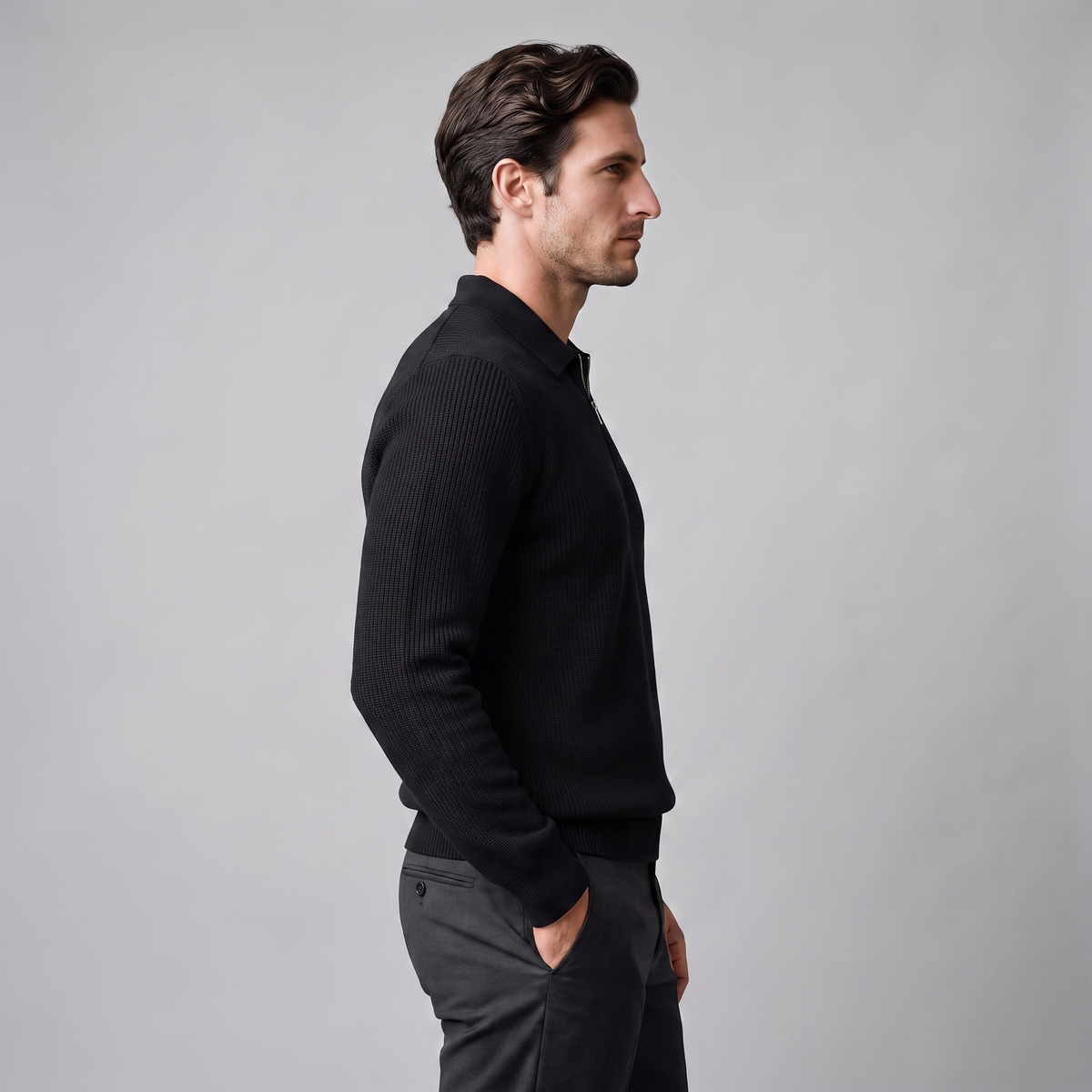 Herren Polo-Pullover mit Rippstruktur und Quarter-Zip