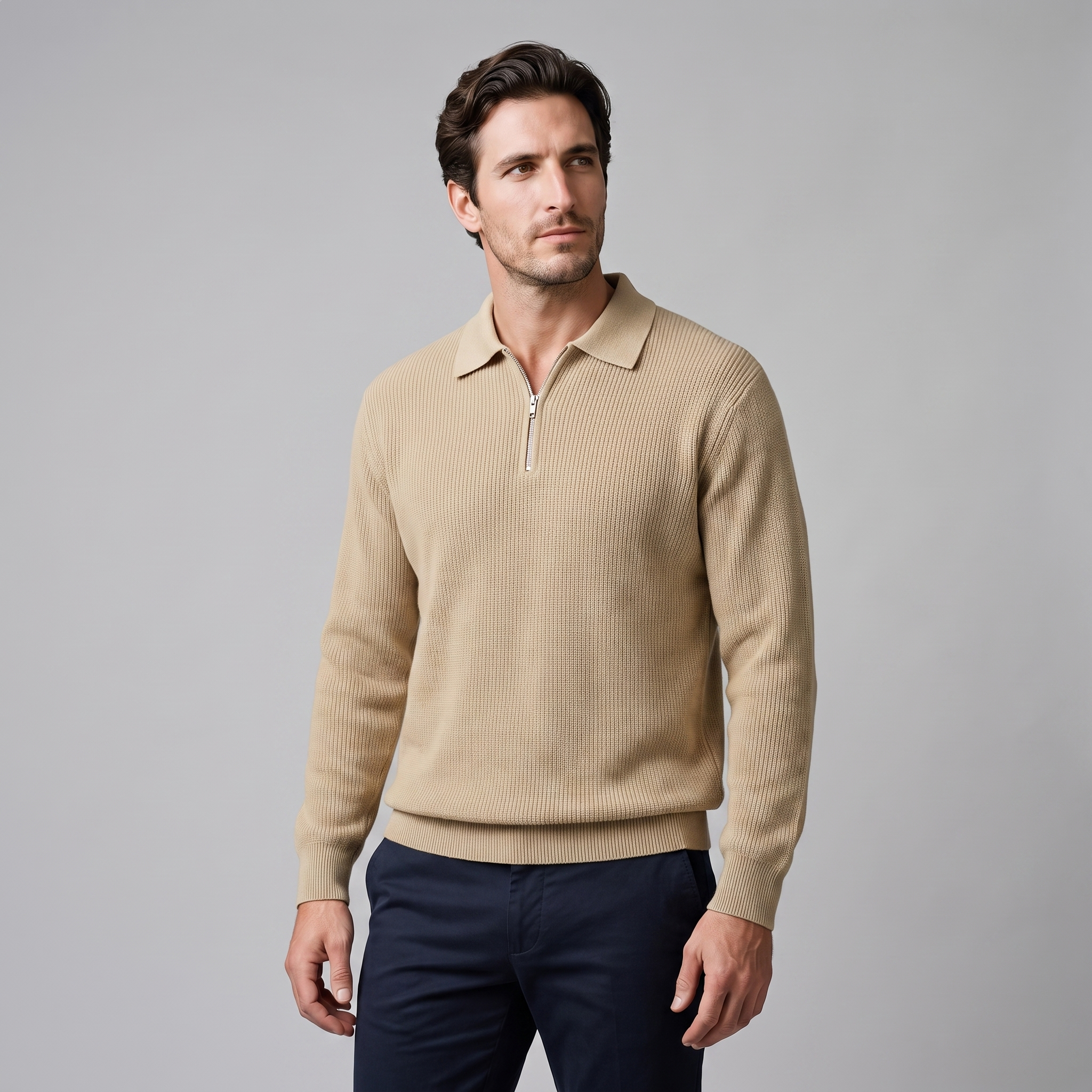 Herren Polo-Pullover mit Rippstruktur und Quarter-Zip