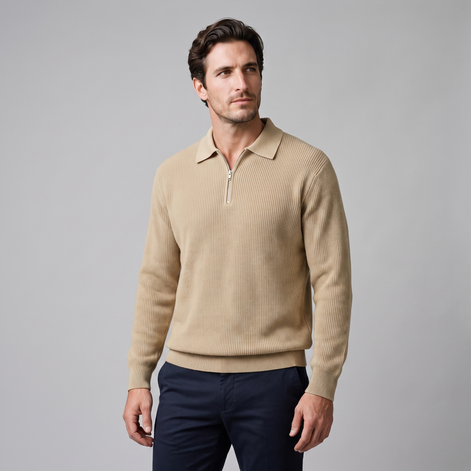 Herren Polo-Pullover mit Rippstruktur und Quarter-Zip