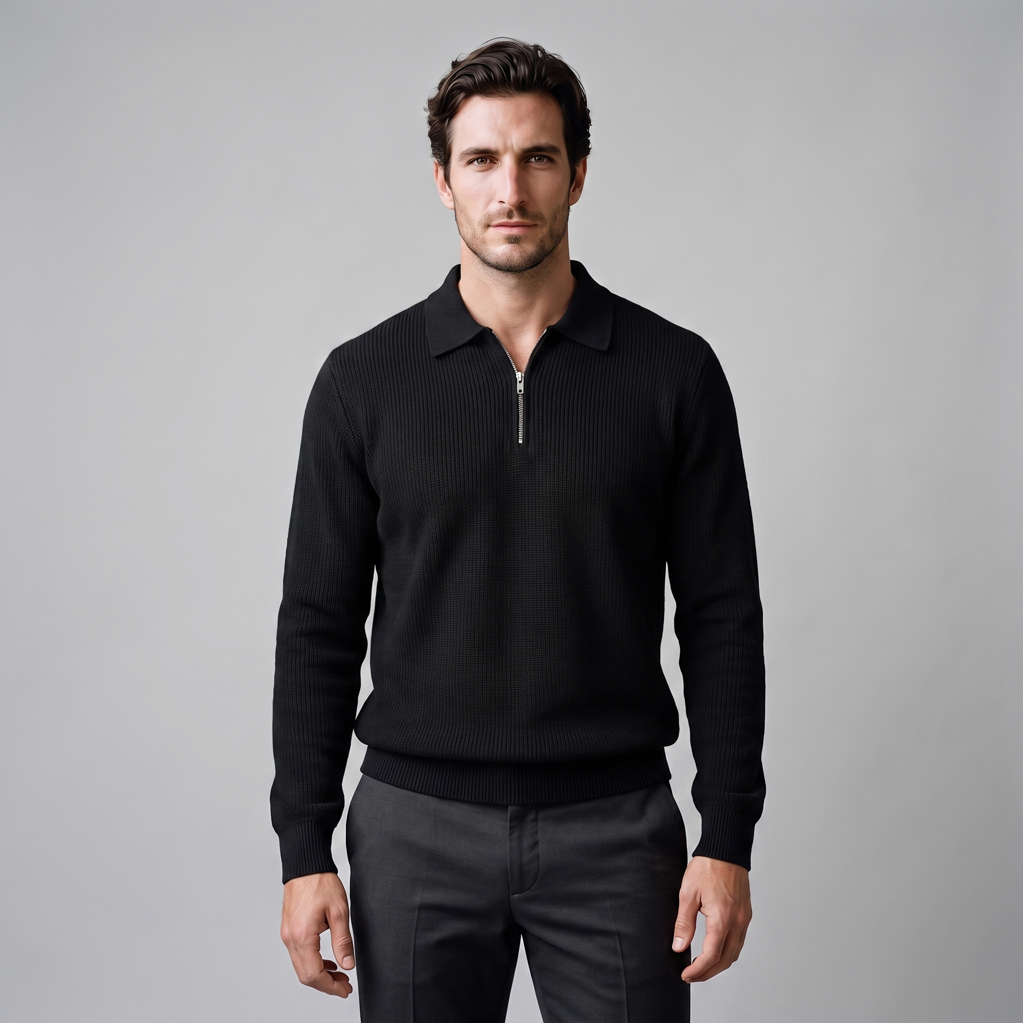 Herren Polo-Pullover mit Rippstruktur und Quarter-Zip