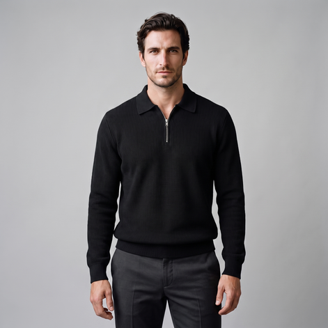 Herren Polo-Pullover mit Rippstruktur und Quarter-Zip