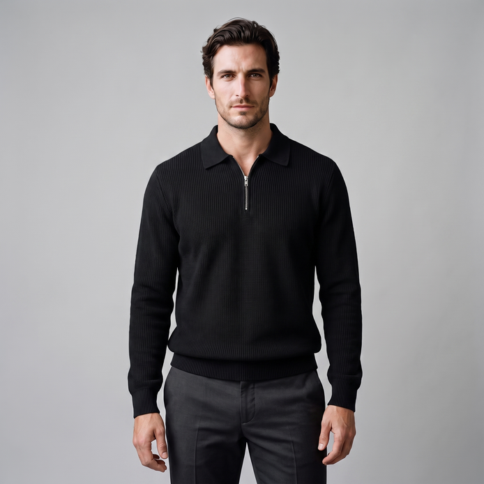 Herren Polo-Pullover mit Rippstruktur und Quarter-Zip