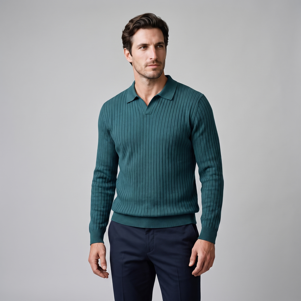 Herren Polo-Pullover mit offenem Kragen und Rippstruktur