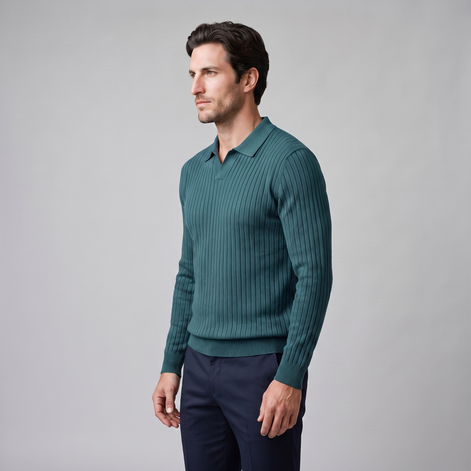 Herren Polo-Pullover mit offenem Kragen und Rippstruktur