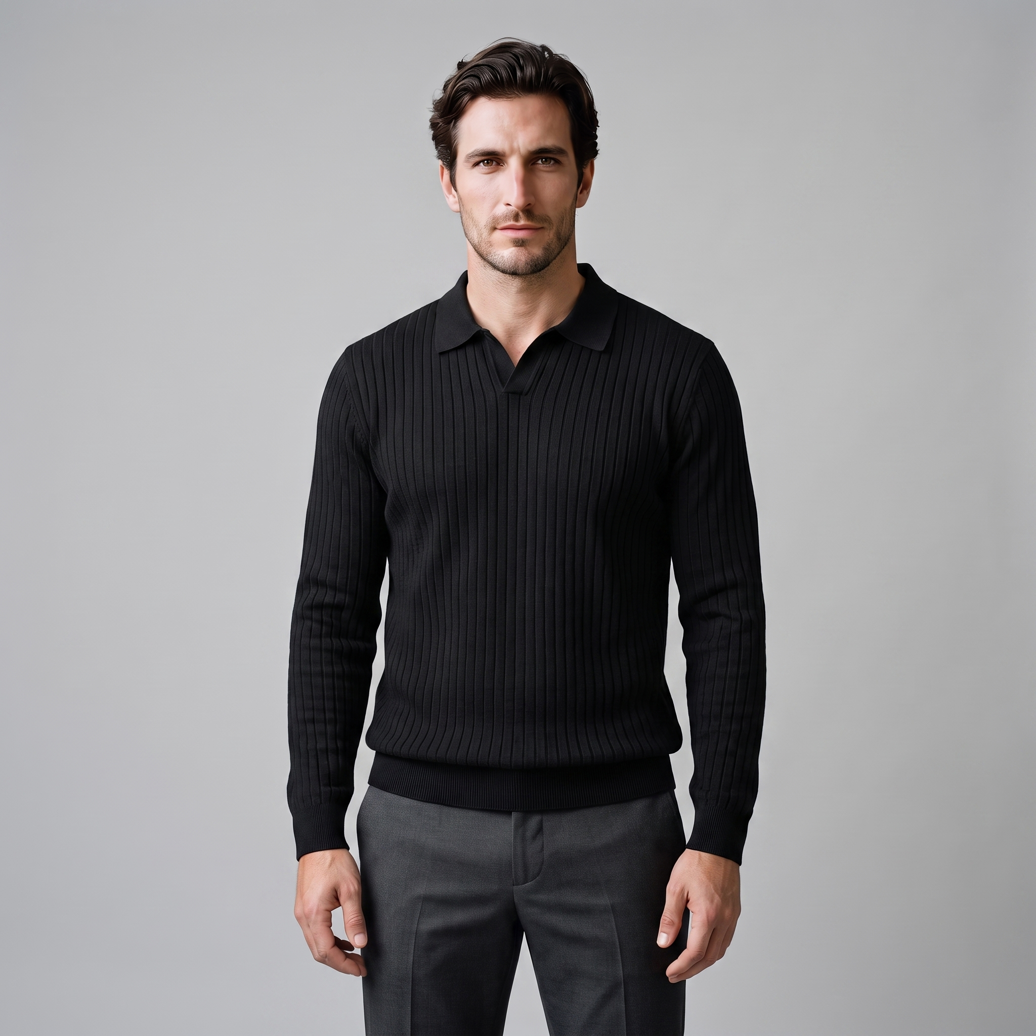 Herren Polo-Pullover mit offenem Kragen und Rippstruktur