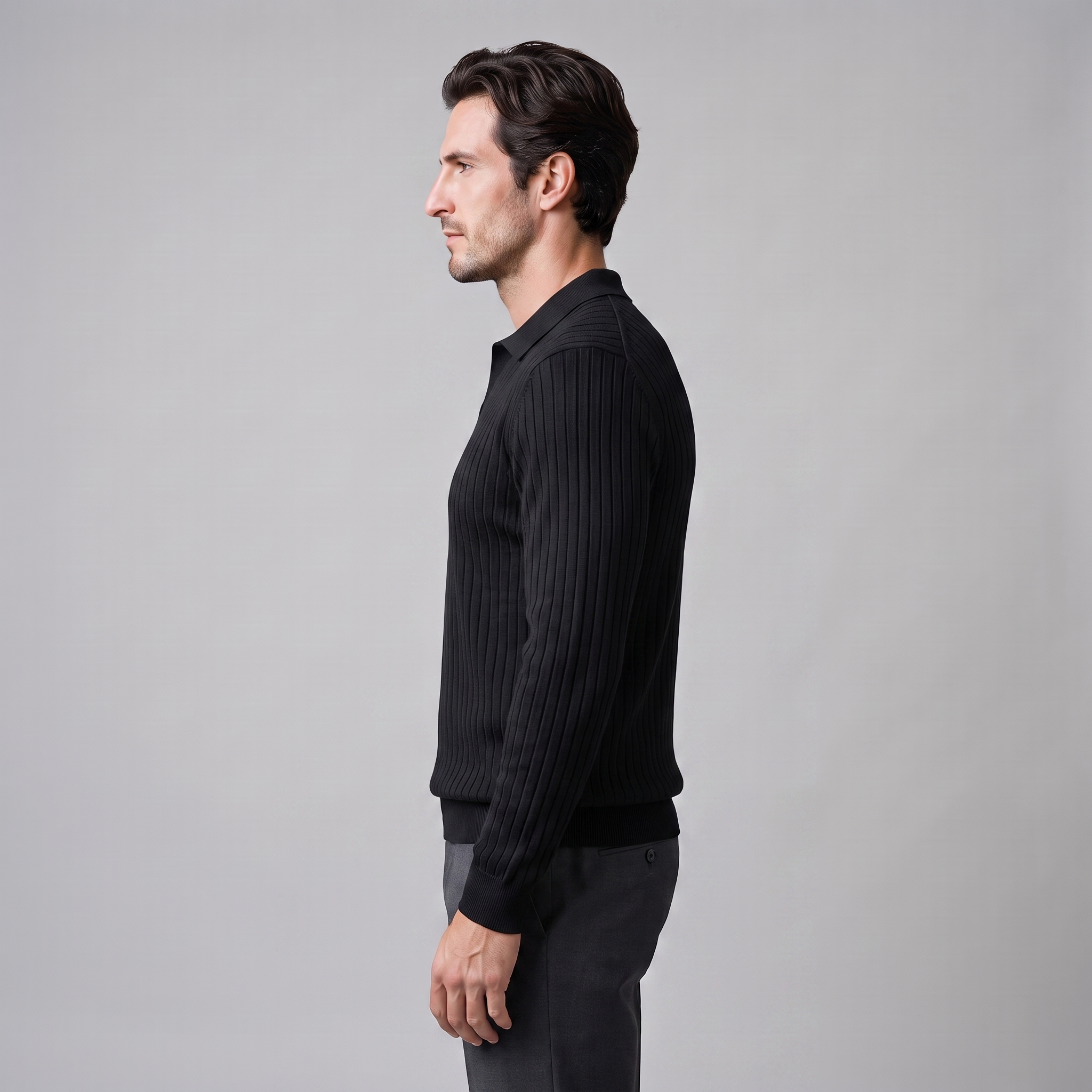 Herren Polo-Pullover mit offenem Kragen und Rippstruktur
