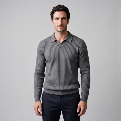 Herren Polo-Pullover mit offenem Kragen und Rippstruktur