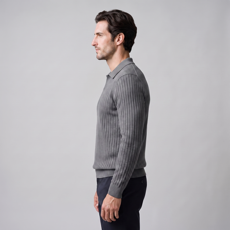 Herren Polo-Pullover mit offenem Kragen und Rippstruktur