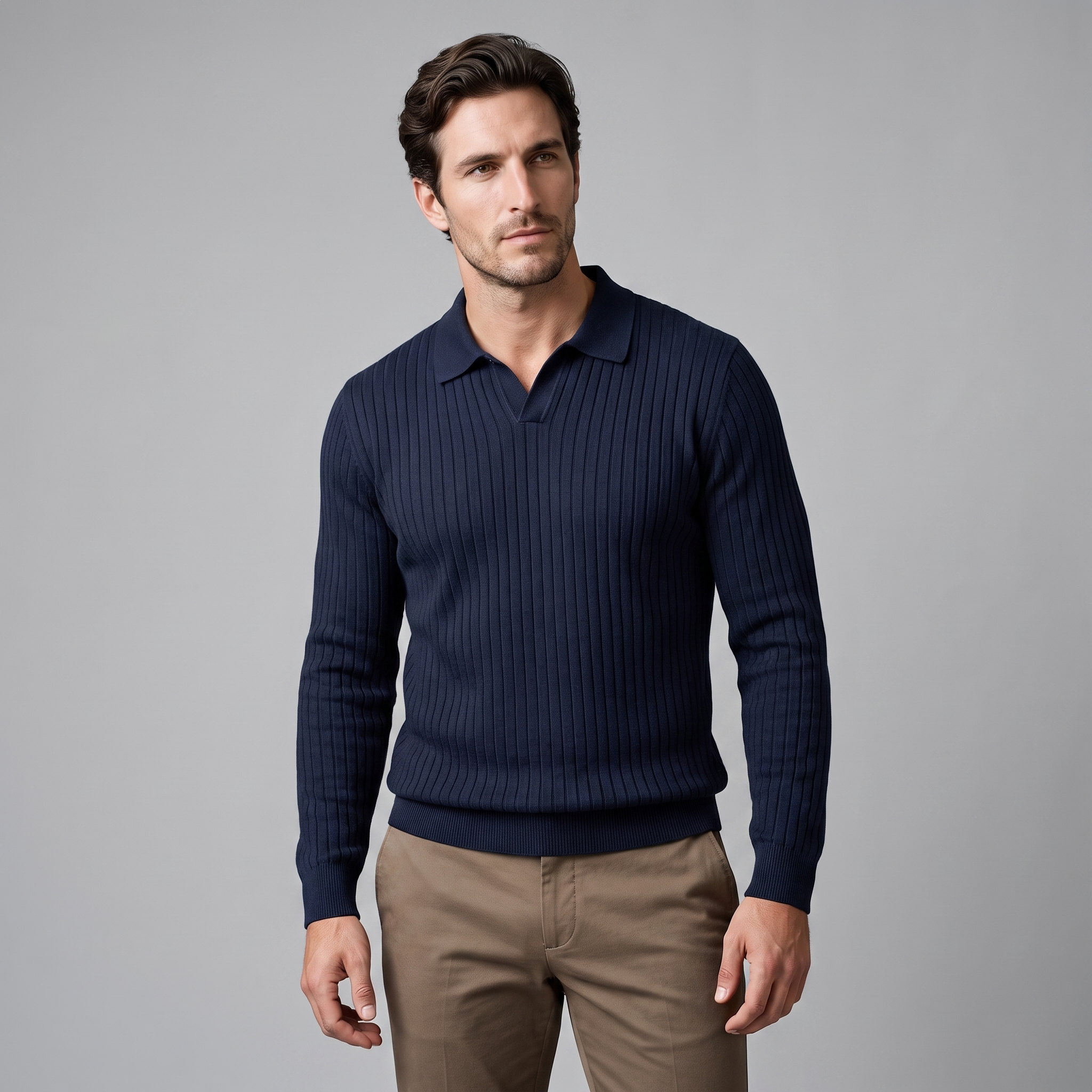Herren Polo-Pullover mit offenem Kragen und Rippstruktur
