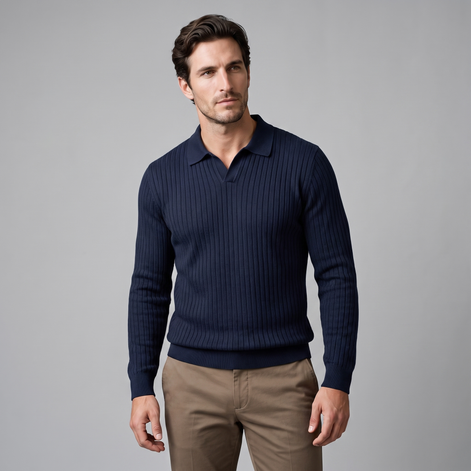 Herren Polo-Pullover mit offenem Kragen und Rippstruktur