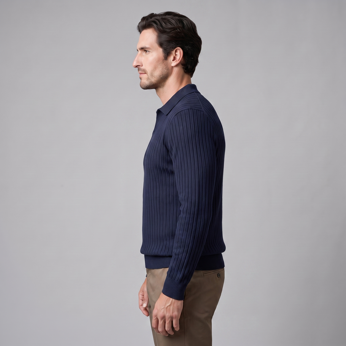 Herren Polo-Pullover mit offenem Kragen und Rippstruktur