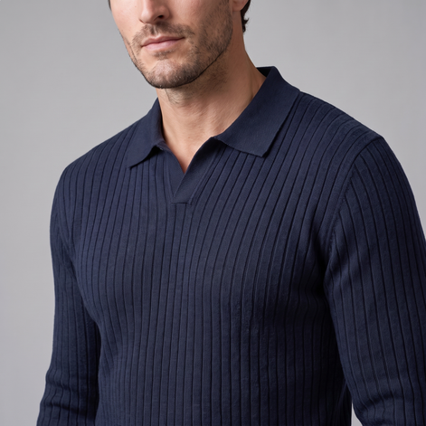 Herren Polo-Pullover mit offenem Kragen und Rippstruktur