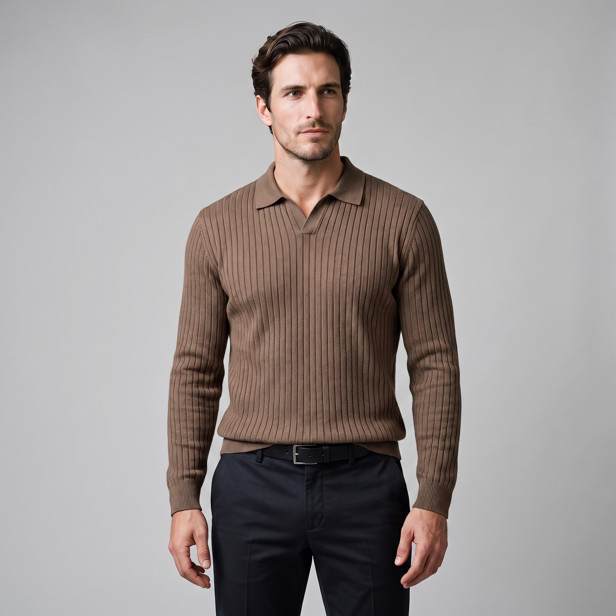 Herren Polo-Pullover mit offenem Kragen und Rippstruktur