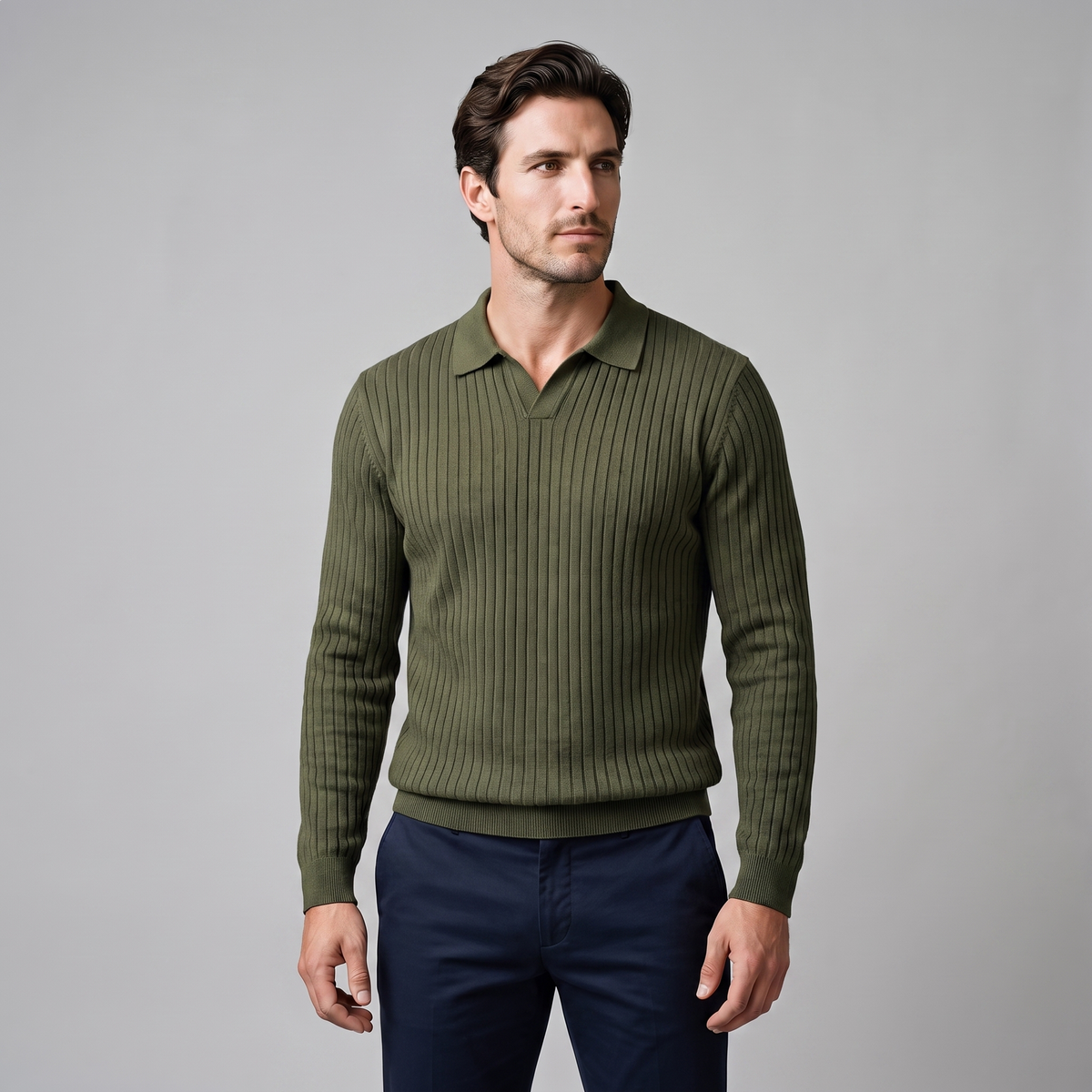 Herren Polo-Pullover mit offenem Kragen und Rippstruktur